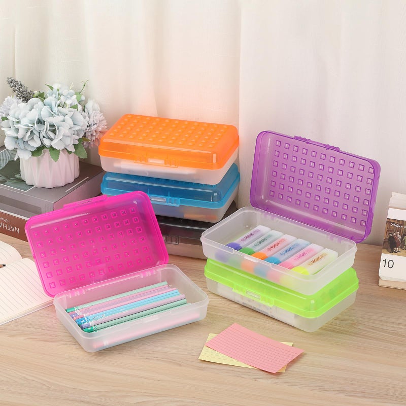 BTSKY 6 Pack Multipurpose Utility Box- Large Capacity Pencil Box with Lid Snap Closure Pencil Holder for Organize and Carry Pencils Watercolor Pens Stationery Office Supplies Organizer Colorful - Image 2